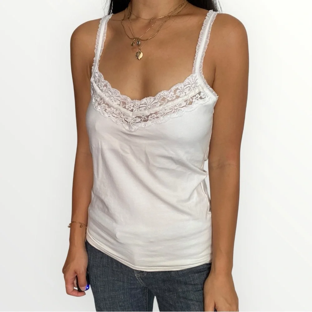 Costa Blanca Vintage Y2K White Lace Trim Camisole Tank Top Size L - Picture 2 of 6
